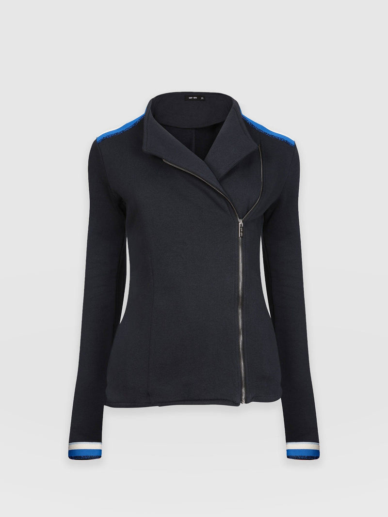 Cotton Biker Jacket Navy Blue Stripe - Women's Jackets | Saint + Sofia® UK