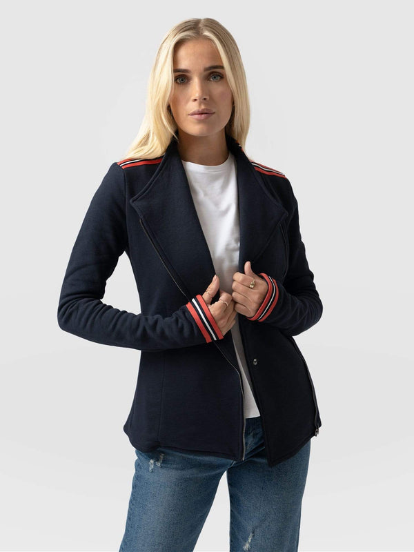 Cotton Biker Jacket Navy Stripe - Women's Jackets | Saint + Sofia® EU