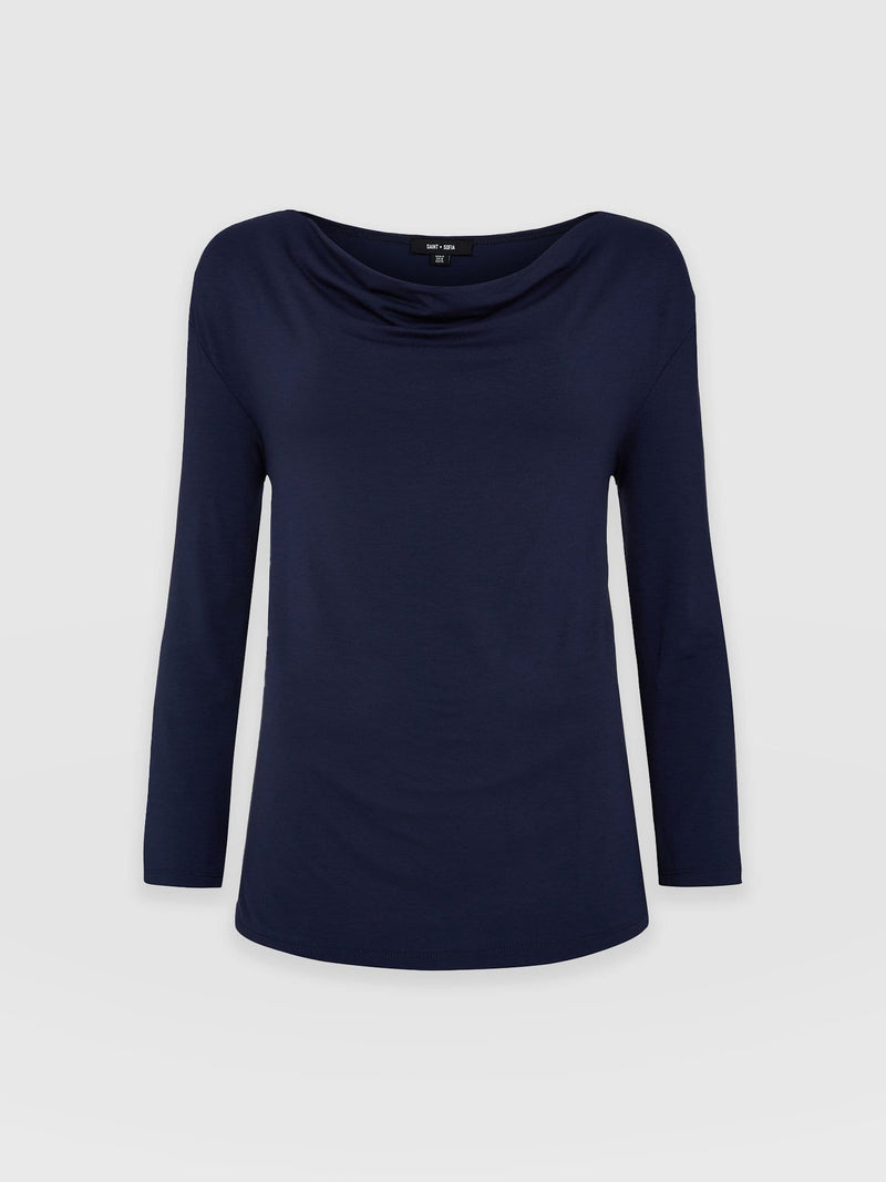 Cowl Neck Tee Navy Sleeves - Women's T-Shirts | Saint + Sofia® EU