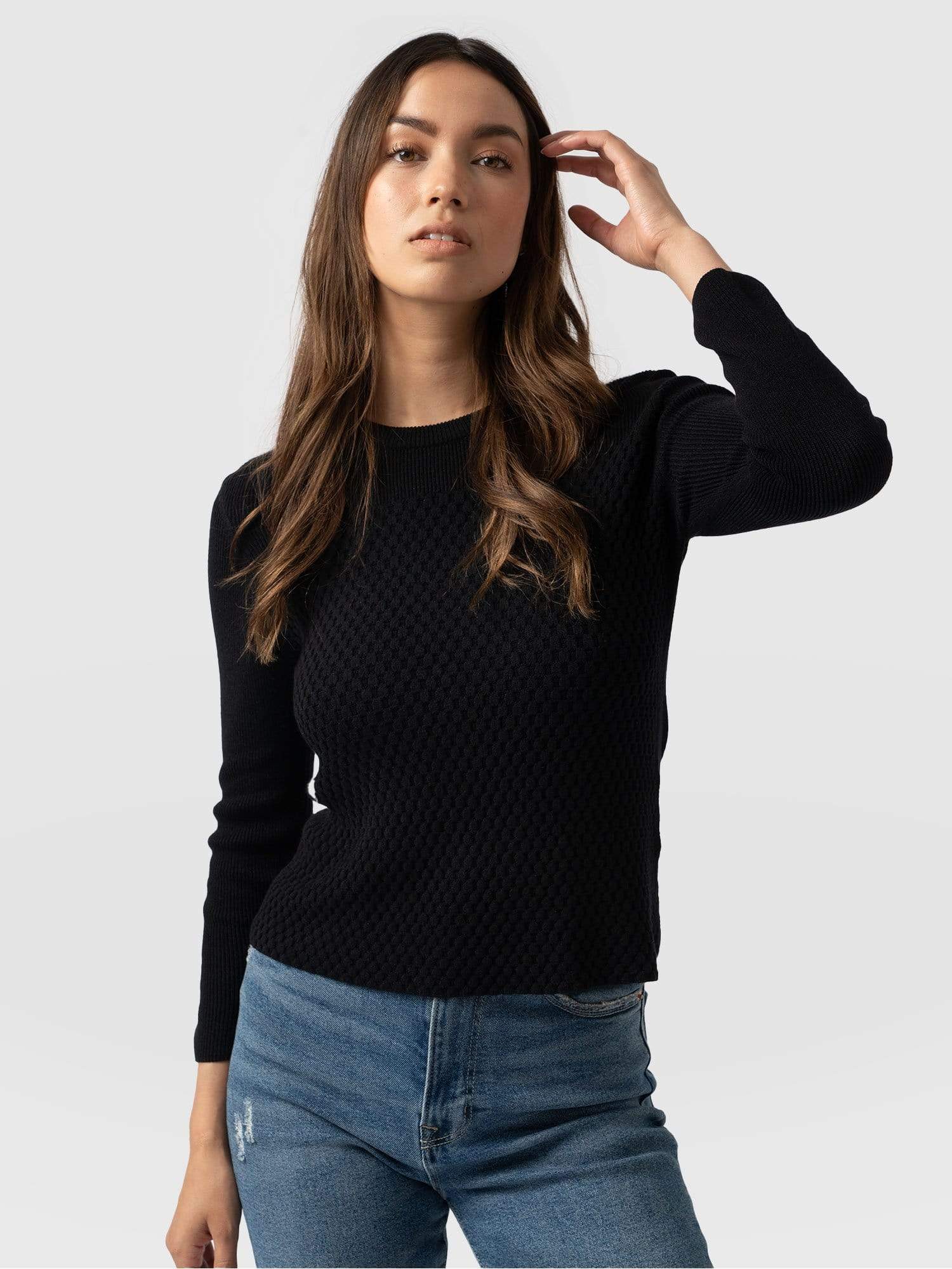 Honeycomb Rib Jumper Black - Women's Jumpers | Saint + Sofia® EU