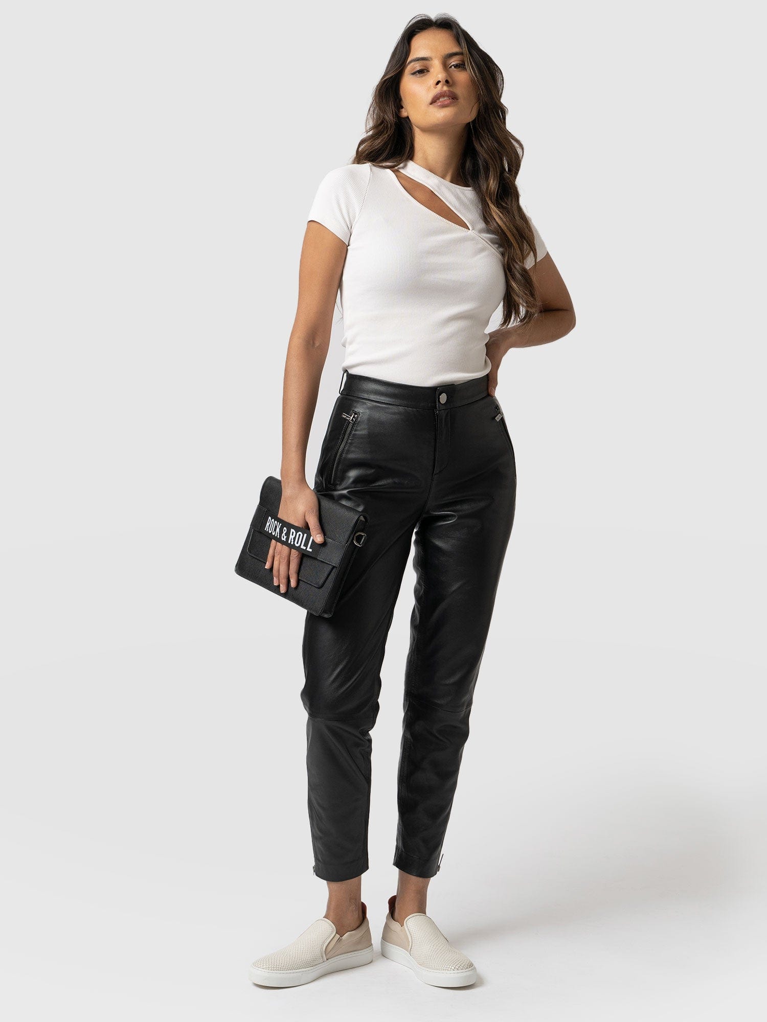 Black faux leather high waisted trousers | River Island