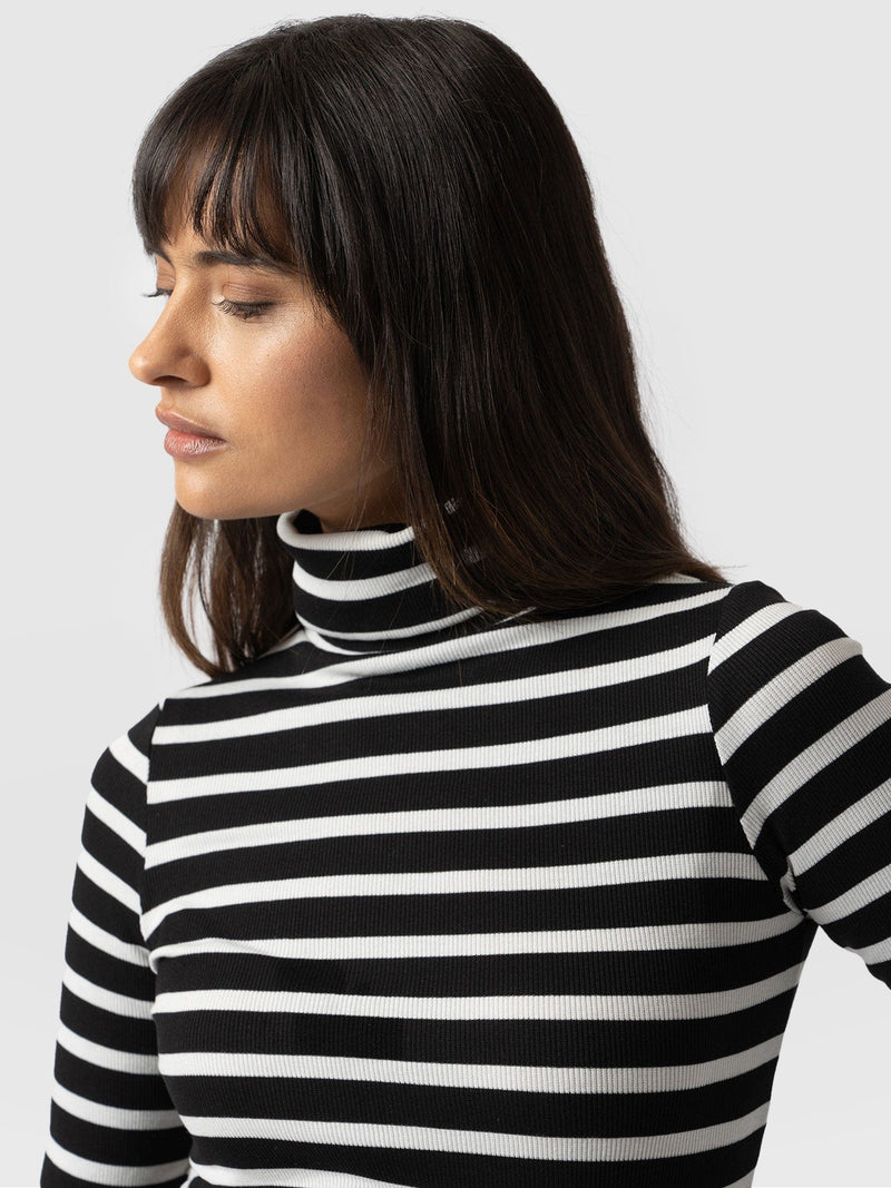 Ribbed Roll Neck Black & White Stripe - Women's Tops | Saint + Sofia® UK
