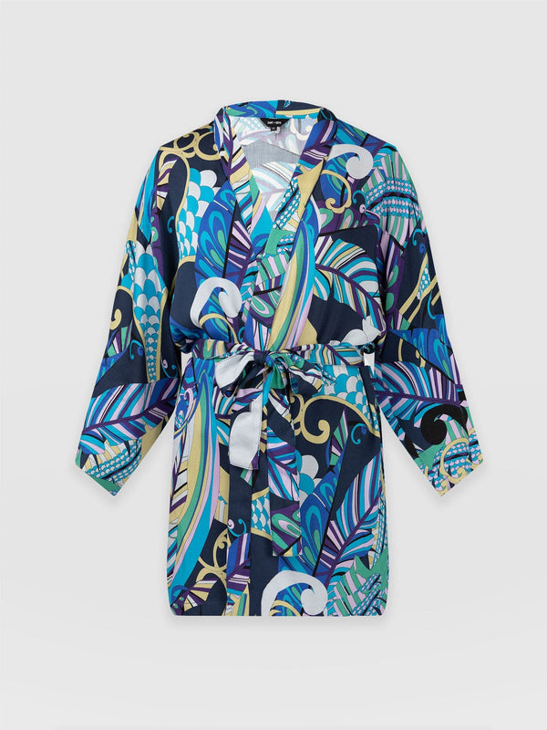 Sunset Kimono Blue Palm - Women's Jackets | Saint + Sofia® UK